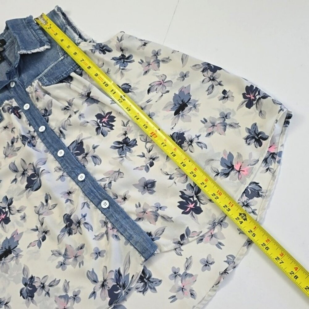 Papillon Women's Denim Yoke Semi Sheer Floral Sleeveless Blouse Blue XS - Picture 5 of 8